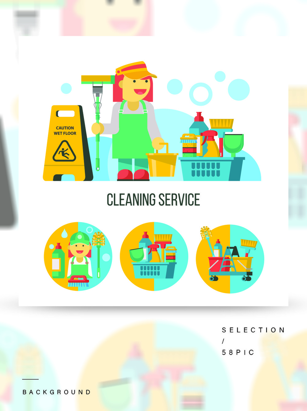 清潔服務平面矢量圖套標志徽標專業(yè)清潔場所套在白色背景隔絕的傳染媒介cliparts有拖把的清潔女工清潔產品濕地板標志